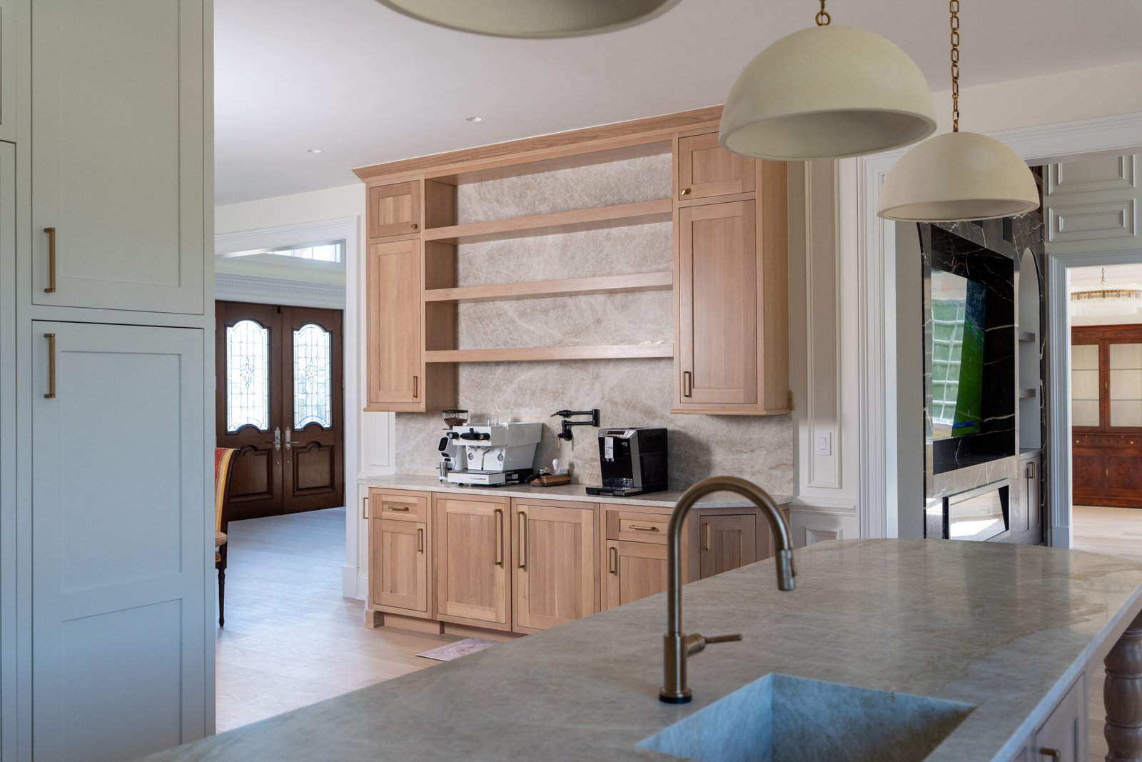 Marble island countertop backsplash coffee station