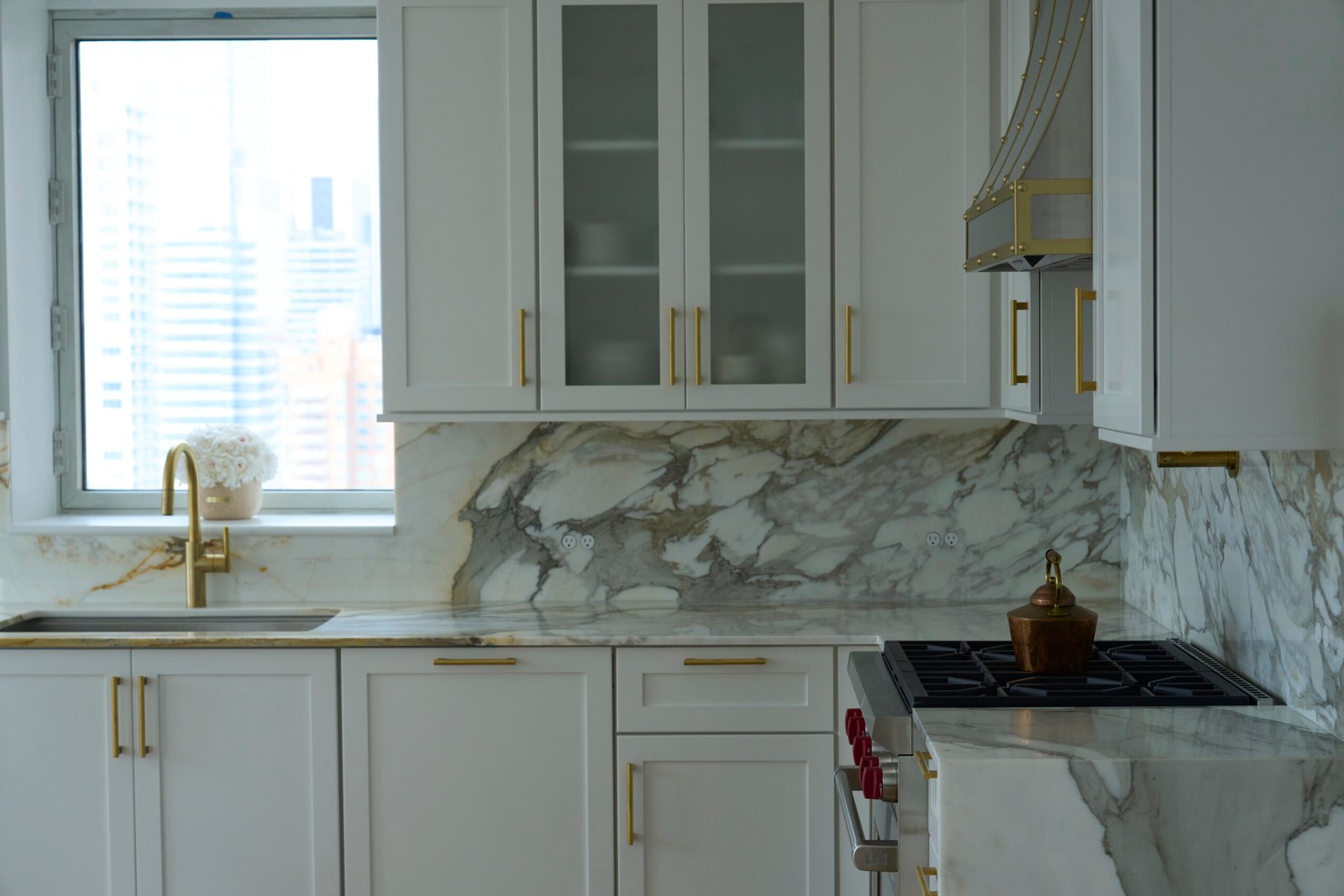 Natural stone countertop backsplash with city view