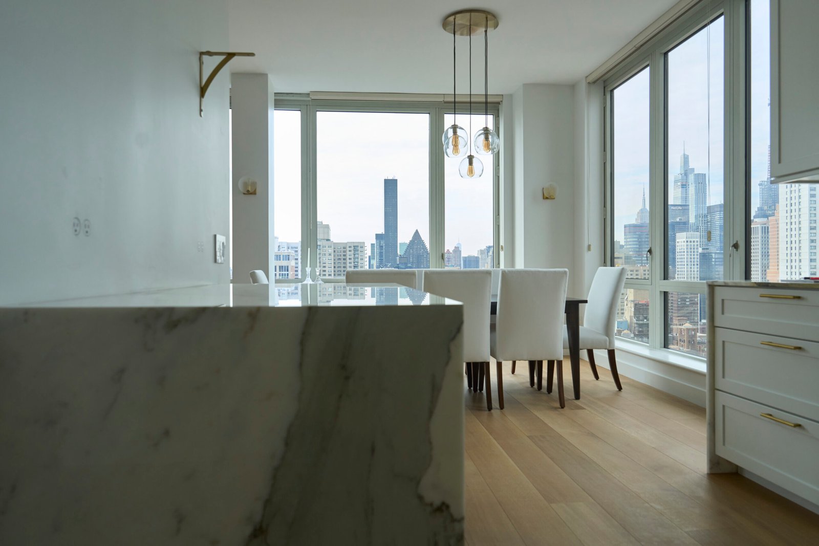 Natural stone island panel countertop city view