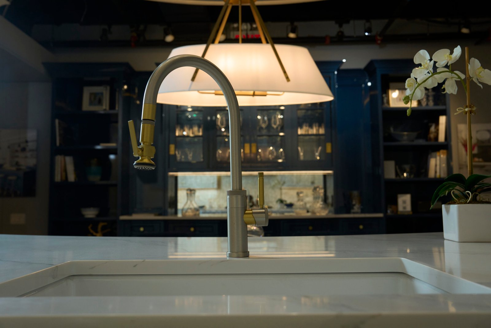 Quartz island countertop integrated sink