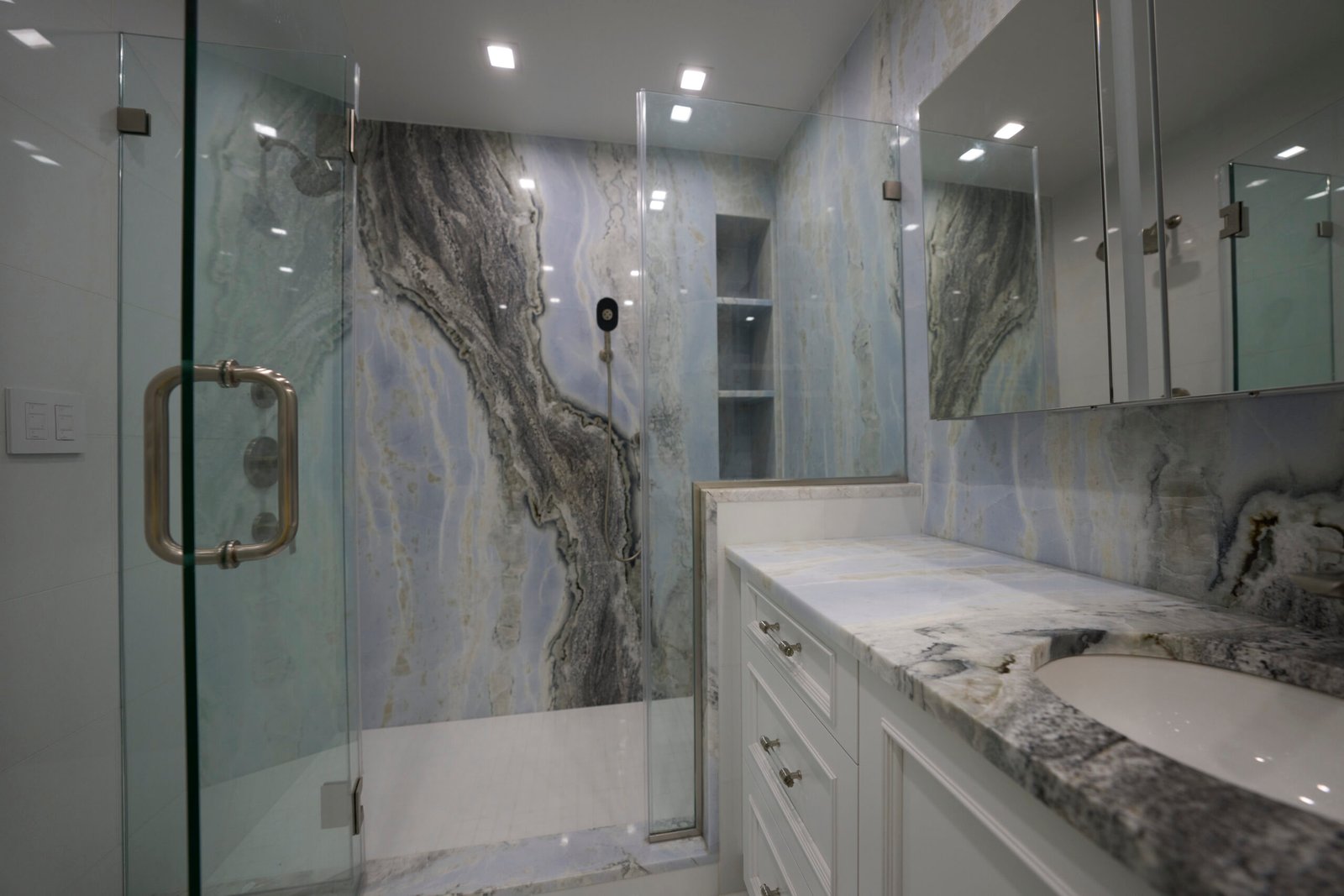 Natural stone bathroom shower wall vanity countertop blue grey veined