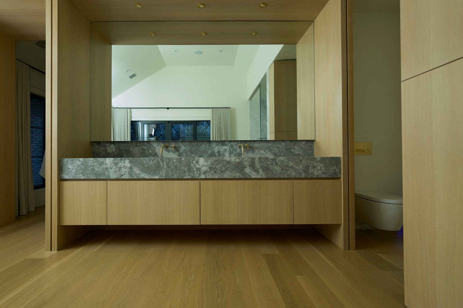 Natural stone double vanity countertop waterfall edge