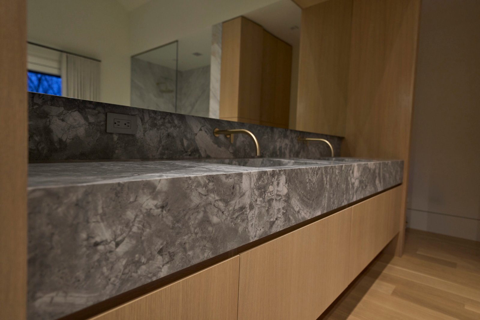 Natural stone double vanity countertop waterfall edge integrated sink