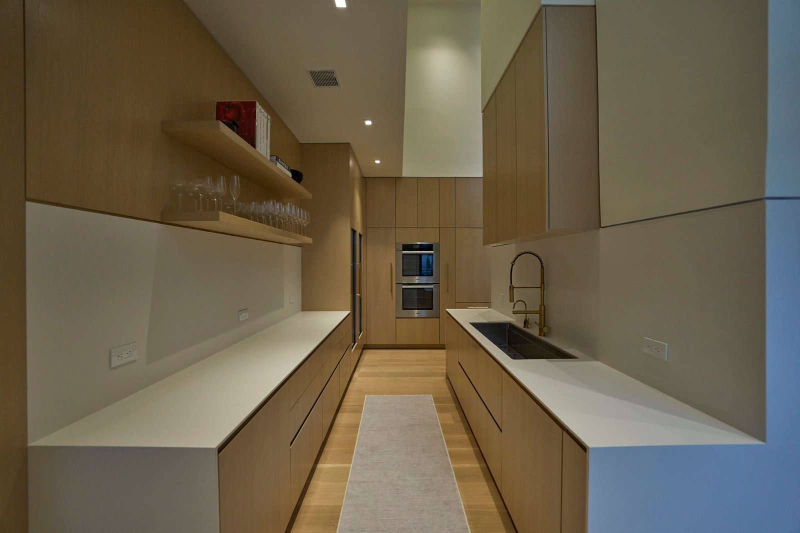 White porcelain galley kitchen countertop